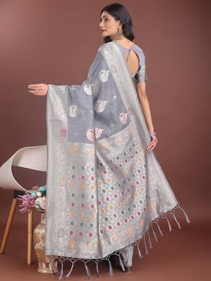 grey linen cotton zari weaving saree with blouse 2