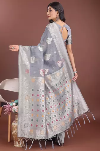 grey color linen cotton zari weaving saree with blouse