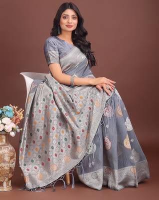 grey linen cotton zari weaving saree with blouse 3