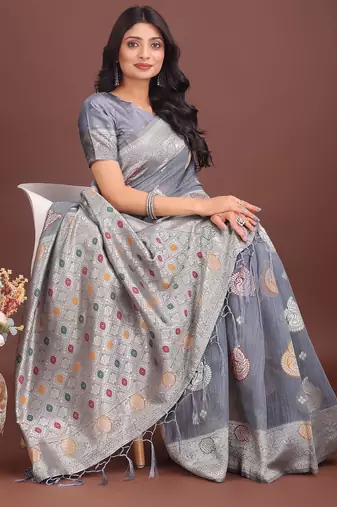 grey color linen cotton zari weaving saree with blouse