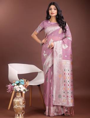 purple color linen cotton zari weaving saree with blouse 1
