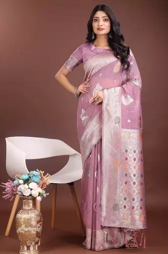 purple color linen cotton zari weaving saree with blouse