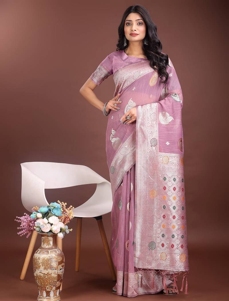 purple color linen cotton zari weaving saree with blouse