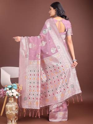 purple color linen cotton zari weaving saree with blouse 2