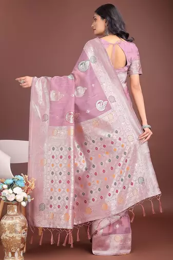 purple color linen cotton zari weaving saree with blouse