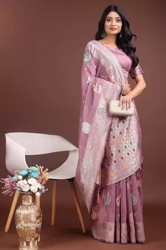 purple color linen cotton zari weaving saree with blouse