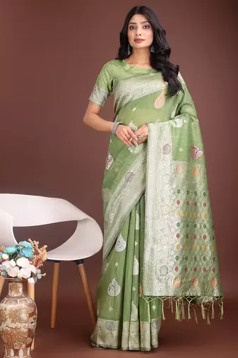 light green color linen cotton zari weaving saree with blouse