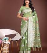 light green color linen cotton zari weaving saree with blouse