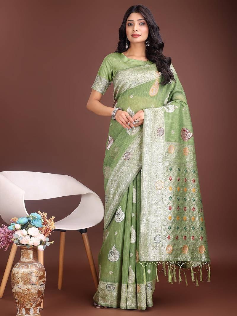 light green color linen cotton zari weaving saree with blouse