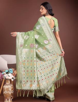 light green color linen cotton zari weaving saree with blouse 2