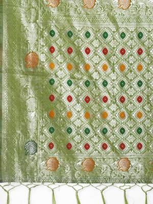 light green color linen cotton zari weaving saree with blouse 4