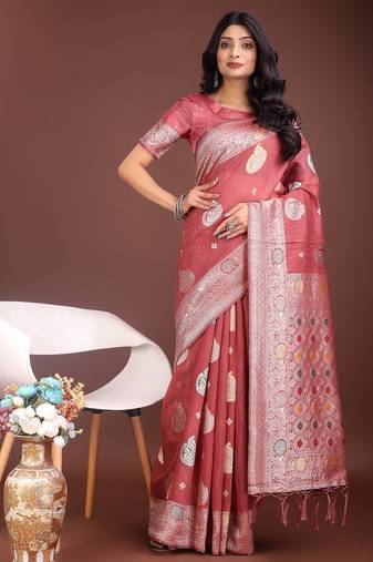 pink color linen cotton zari weaving saree with blouse
