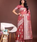 pink color linen cotton zari weaving saree with blouse