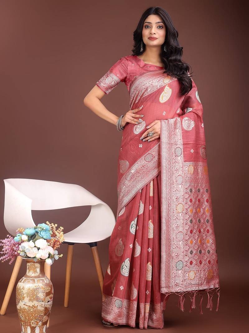 pink color linen cotton zari weaving saree with blouse