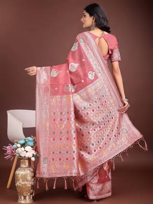 pink color linen cotton zari weaving saree with blouse 2