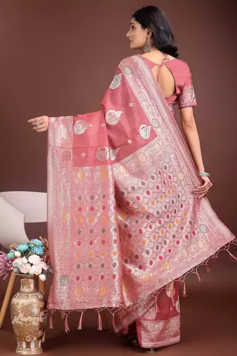 pink color linen cotton zari weaving saree with blouse