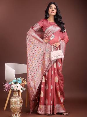 pink color linen cotton zari weaving saree with blouse 3
