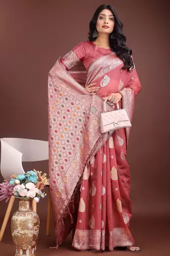 pink color linen cotton zari weaving saree with blouse