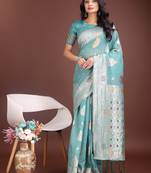 sky blue color linen cotton zari weaving saree with blouse