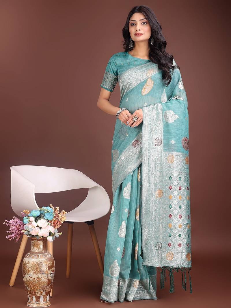 sky blue color linen cotton zari weaving saree with blouse