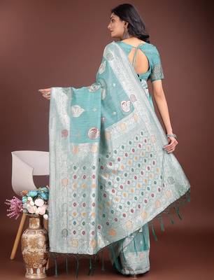 sky blue color linen cotton zari weaving saree with blouse 2