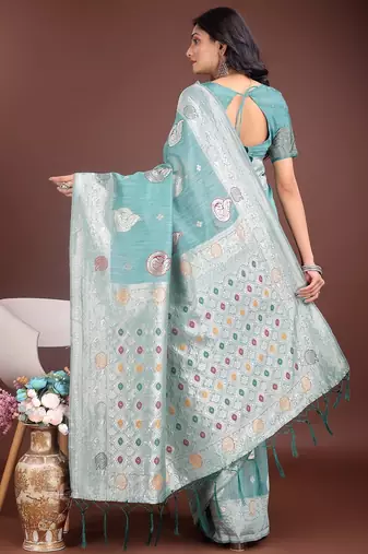 sky blue color linen cotton zari weaving saree with blouse
