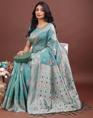sky blue color linen cotton zari weaving saree with blouse 3