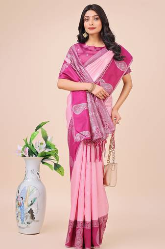 light pink color woven lichi art silk blend saree with blouse