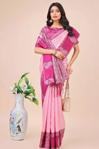 light pink color woven lichi art silk blend saree with blouse