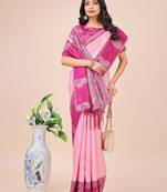 light pink color woven lichi art silk blend saree with blouse
