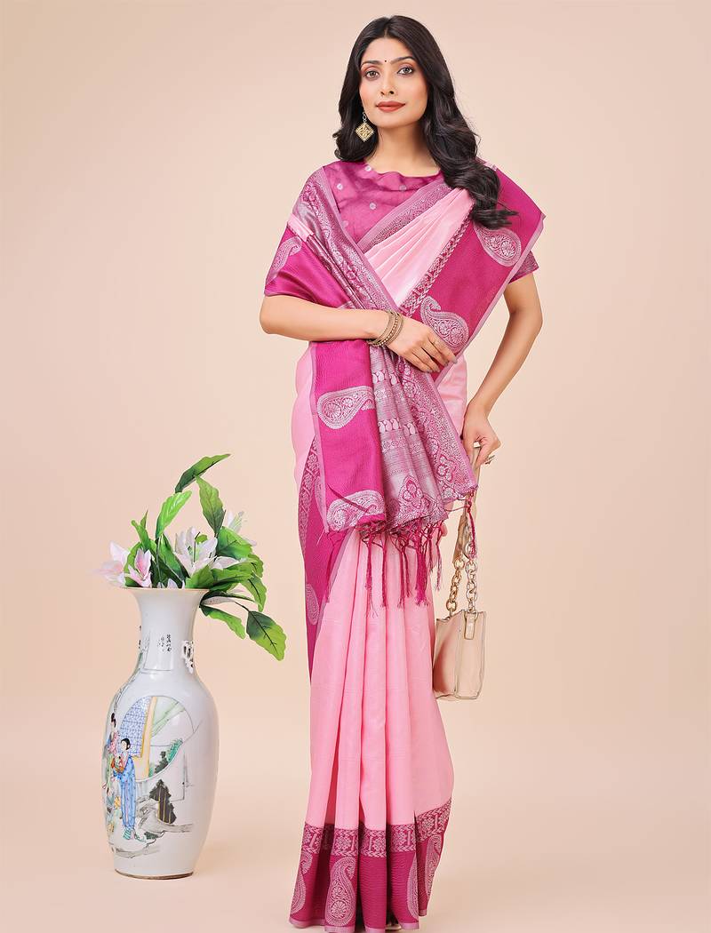 light pink color woven lichi art silk blend saree with blouse
