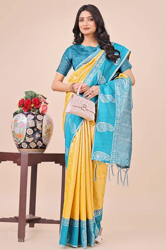 yellow color woven lichi art silk blend saree with blouse
