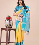 yellow color woven lichi art silk blend saree with blouse