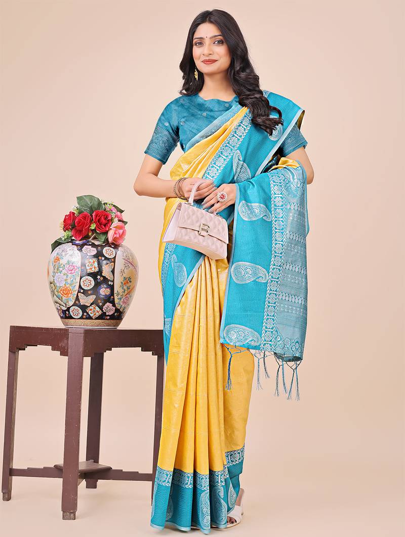 yellow color woven lichi art silk blend saree with blouse