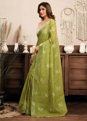 Mehendi digital printed linen ready to wear designer saree with unstitched blouse 7