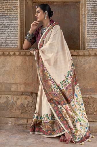 Off white  soft silk madhubani art printed saree