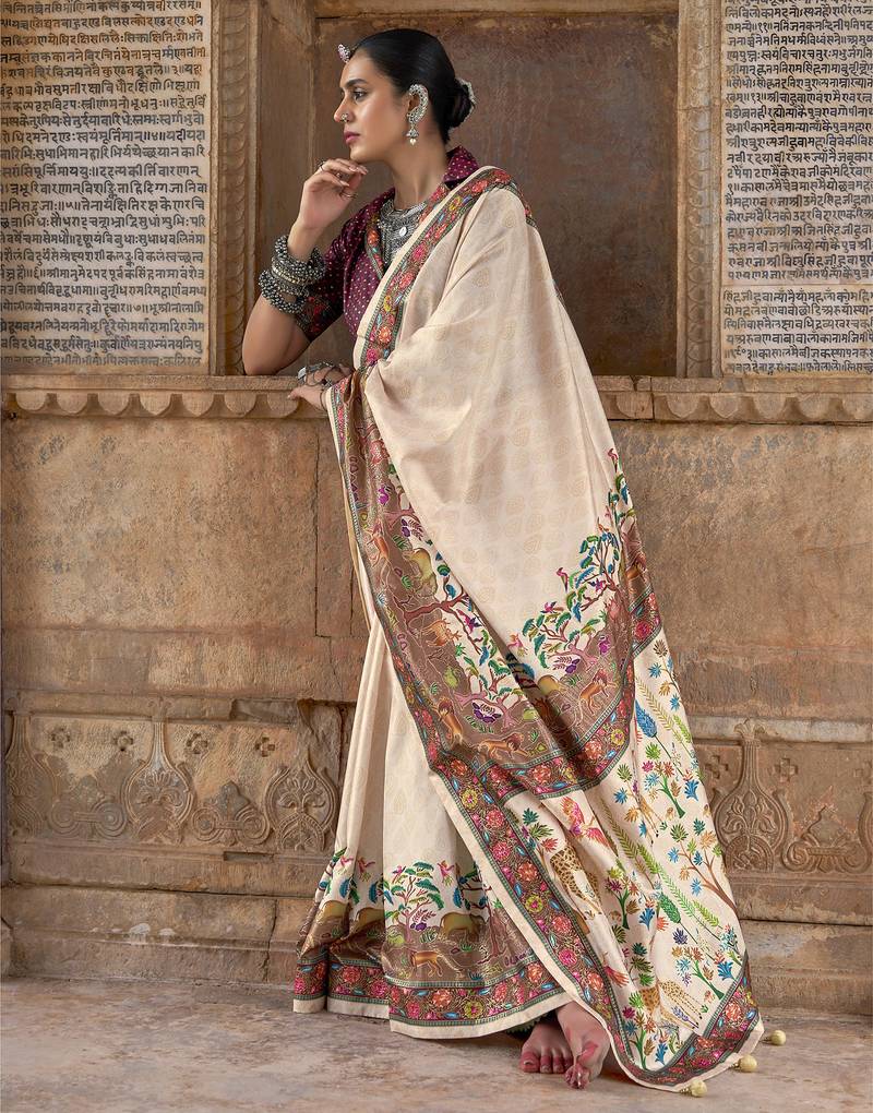Off white  soft silk madhubani art printed saree