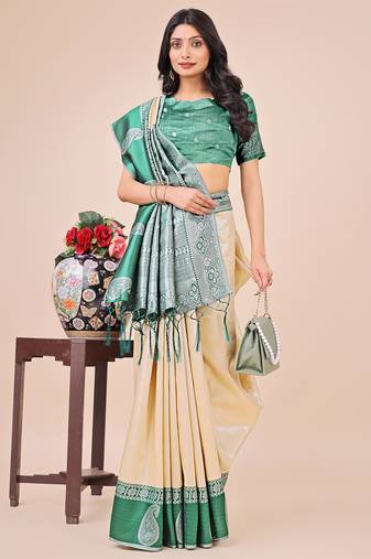 cream color woven lichi art silk blend saree with blouse