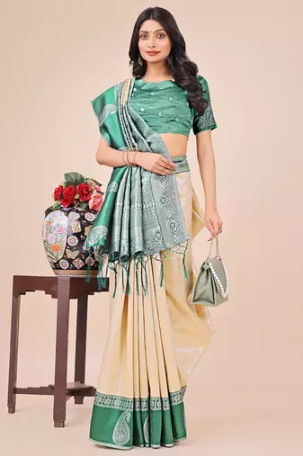 cream color woven lichi art silk blend saree with blouse