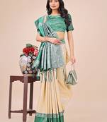 cream color woven lichi art silk blend saree with blouse