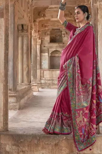 Brick red soft silk madhubani art printed saree