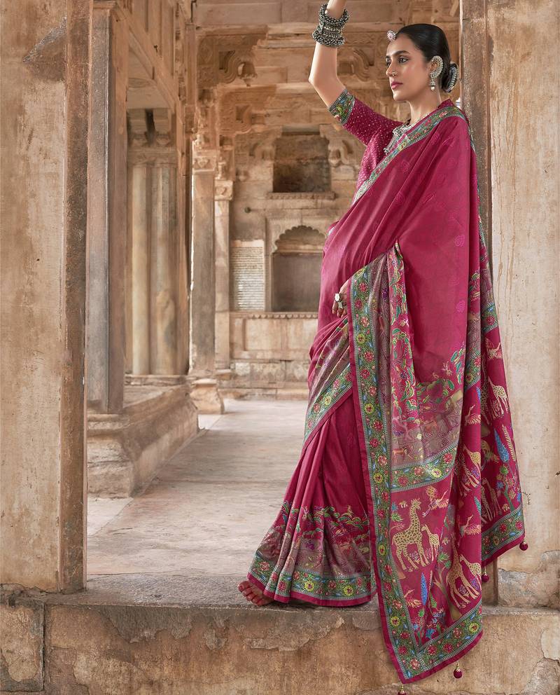 Brick red soft silk madhubani art printed saree