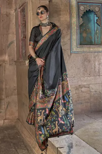Black soft silk madhubani art printed saree
