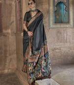 Black soft silk madhubani art printed saree