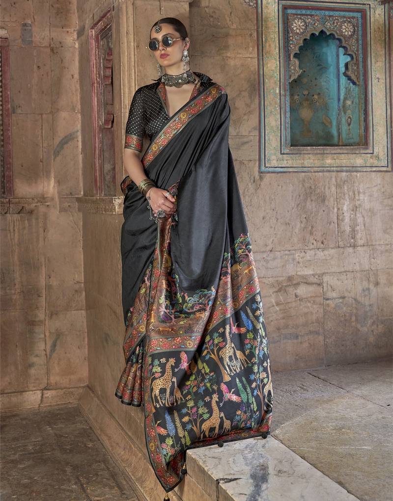 Black soft silk madhubani art printed saree