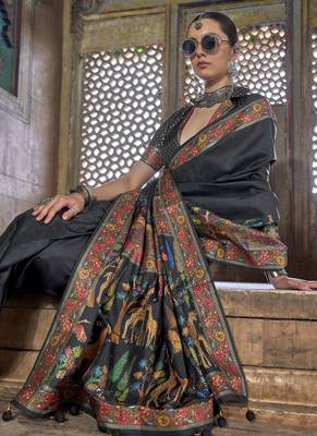 Black soft silk madhubani art printed saree 2
