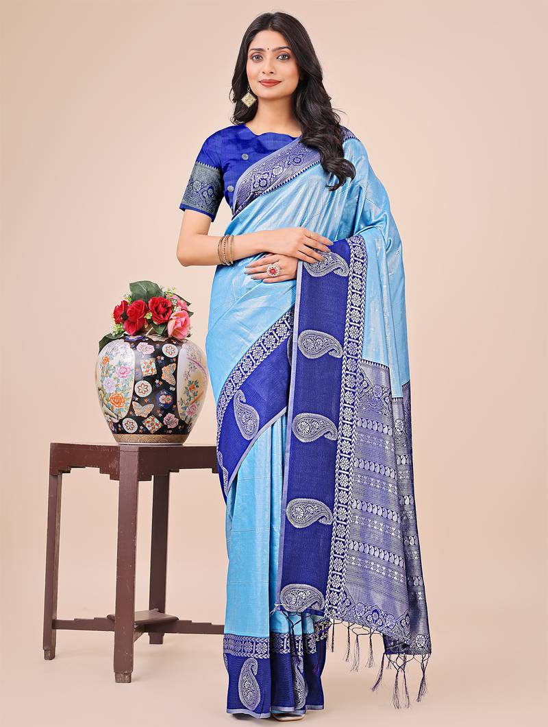 sky blue color woven lichi art silk blend saree with blouse