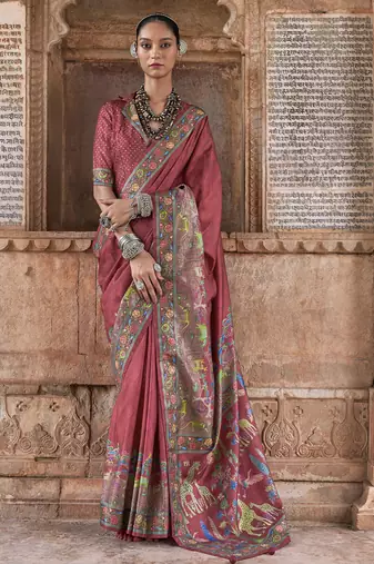 Pink soft silk madhubani art printed saree