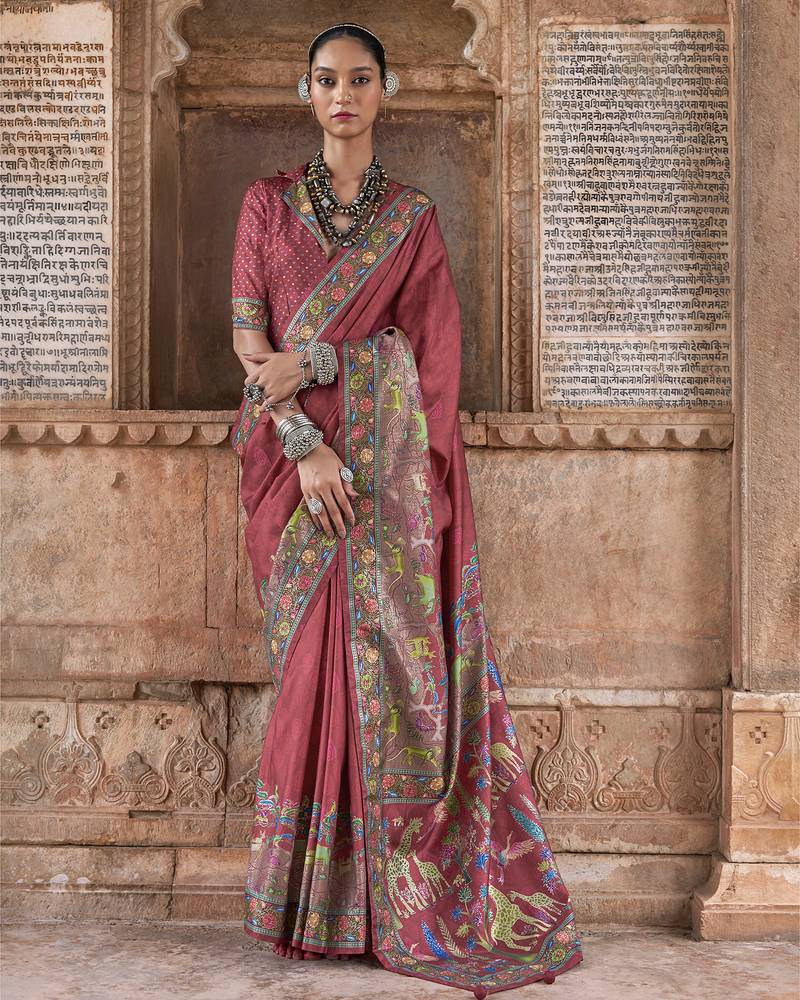 Pink soft silk madhubani art printed saree