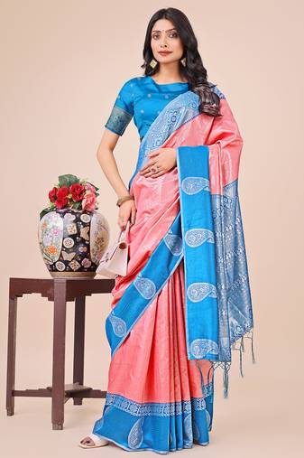 peach color woven lichi art silk blend saree with blouse